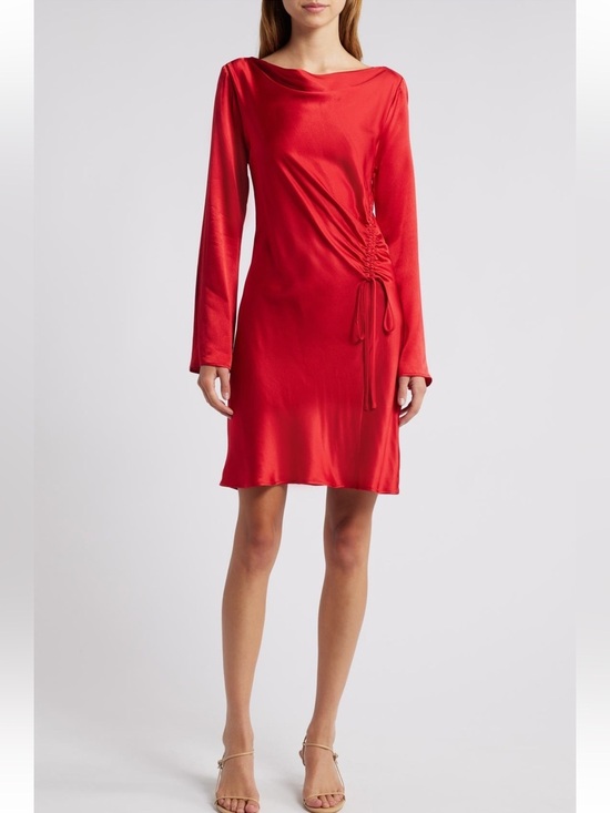 Rails Dresses & Skirts - Rails Alessandra Long-Sleeve Ruched Satin Dress In Scarlet